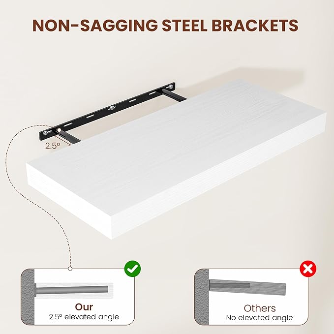 White Floating Shelves for Wall, 36 Inch X 12 Deep Shelves for Room Wall Mounted，2" Thick Heavy Duty Holds 65lbs Floating Shelf for Bedroom Bathroom Kitchen Laundry Room, Set of 2