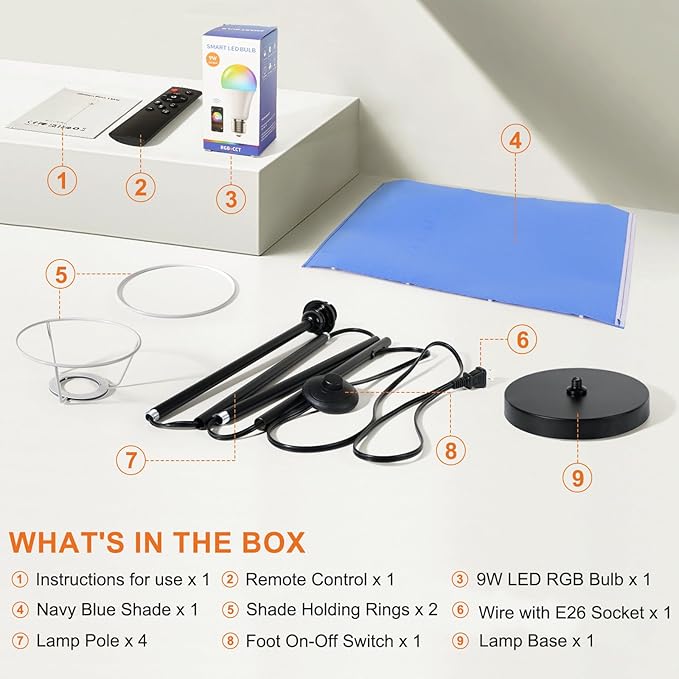 FRIDEKO HOME Floor Lamps for Living Room Bedroom, Dimmable 3 Colors Temperature & Brightness, Tall Standing Lamps, Corner Lamp with Multicolor, 800LM, 9W RGB LED Bulb, Navy Blue Shade