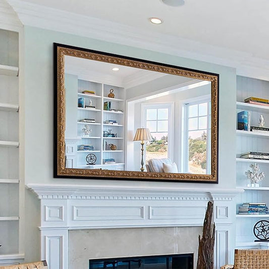 52"x36" Wall Mirrors Decorative, Black Bathroom Vanity Mirror with Gold Foil Carvings Wooden Frame for Living Room, Entryway and Bedroom