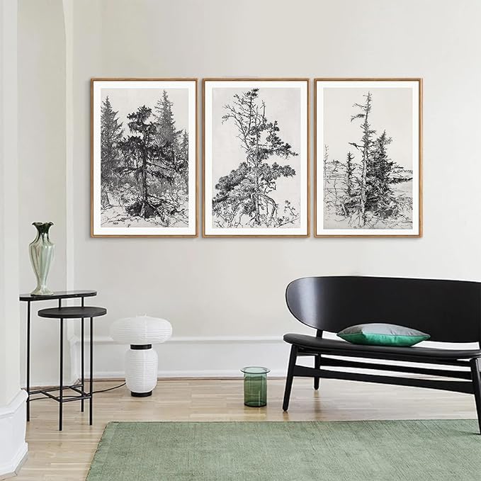 SIGNINART Vintage Tree Framed Wall Art Set , Black and White Antique Sketchbook Forest Painting, Wilderness Illustration Art Print , Retro Pine Tree Landscape Drawing Wall Decor for Living Room, Bedroom, Office (16"x24"x3)