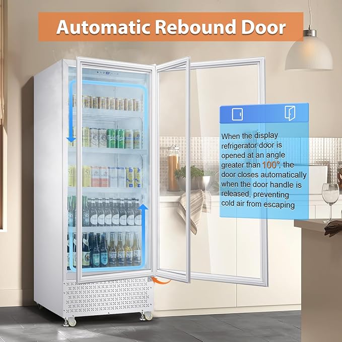 Tylza Commercial Refrigerator with Glass Door Display Beverage Fridge, 14.8 Cu Ft Upright Beverage Cooler Merchandiser with Rebound Door, Low Noise, Fast Cooling, White