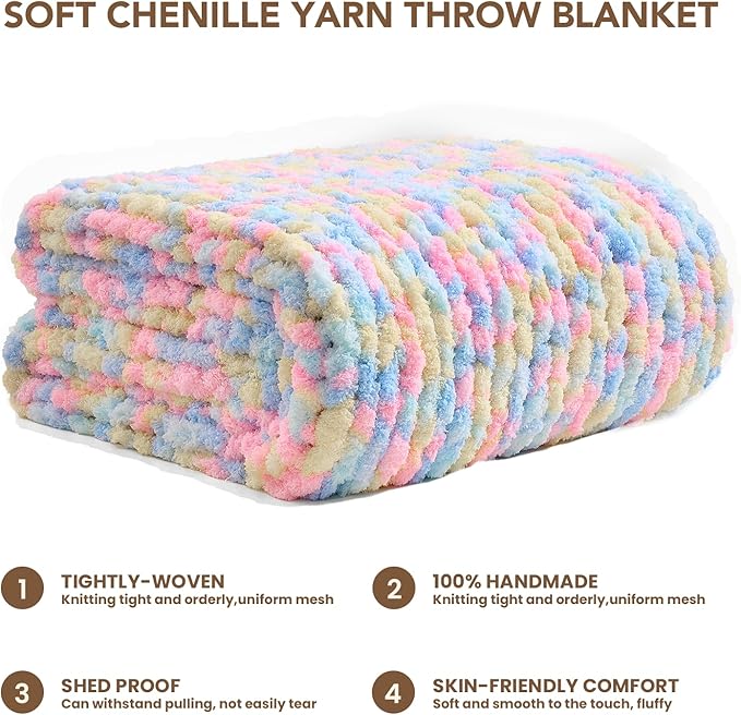 L'AGRATY Chunky Knit Blanket Throw: 60''x80'' Chenille Chunky Knitted Throw Blankets for Twin Bed Couch - Handmade Thick Cable Knit Blanket - Large Crochet Rope Blankets for Home Decor