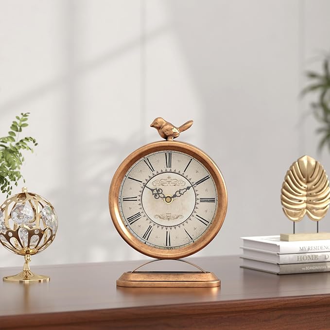 Vintage Table Clock with Bird, European Antique Style Gold Mantel Clocks, Desk and Shelf Decor Clock, for Farmhouse, Bedside, Living Room, Bedroom, Gift (9" H x 6.5" W)