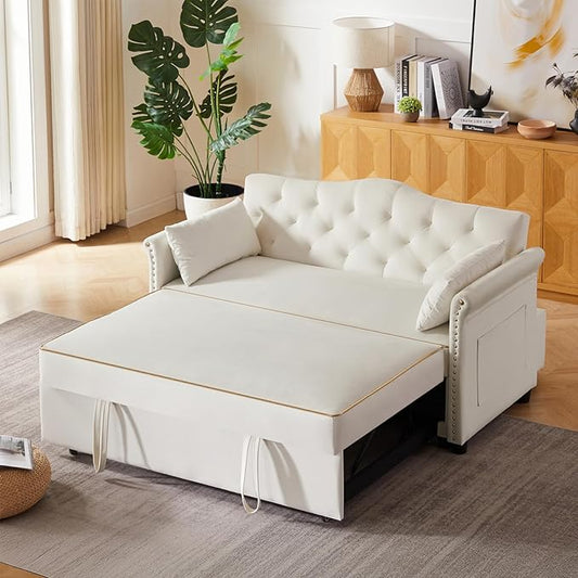 58" Velvet Sofa Bed, 3-in-1 Convertible Pull-Out Sleeper Sofa & Couch with Storage Bag and Adjustable Backrest,Perfect for Small Spaces, Living Room, or Office