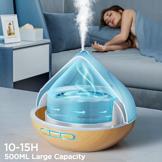 500ML Essential Oil Diffuser: Aroma Diffuser with Remote Control for Hotel Spa Yoga Room - Humidifier with 14 Colors LED Night Light for Bedroom Home Relaxation-Light Brown