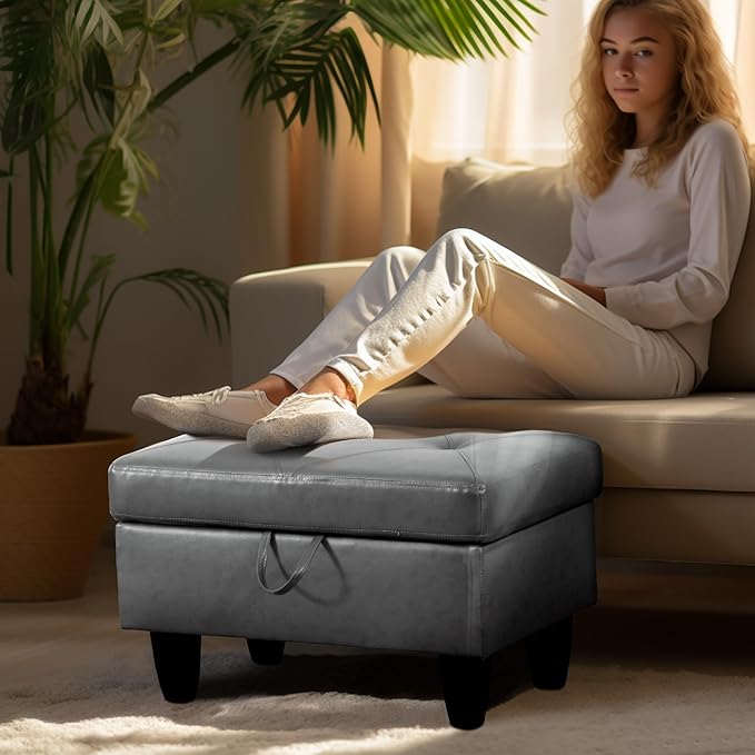 Ottoman Rectangular Storage Ottoman Bench, Faux Leather Footrest, Coffee Table, Stool Footstool with Hinged Lid for Living Room, Bedroom, Entryway, Gray, 28.5"x19"x17.5"