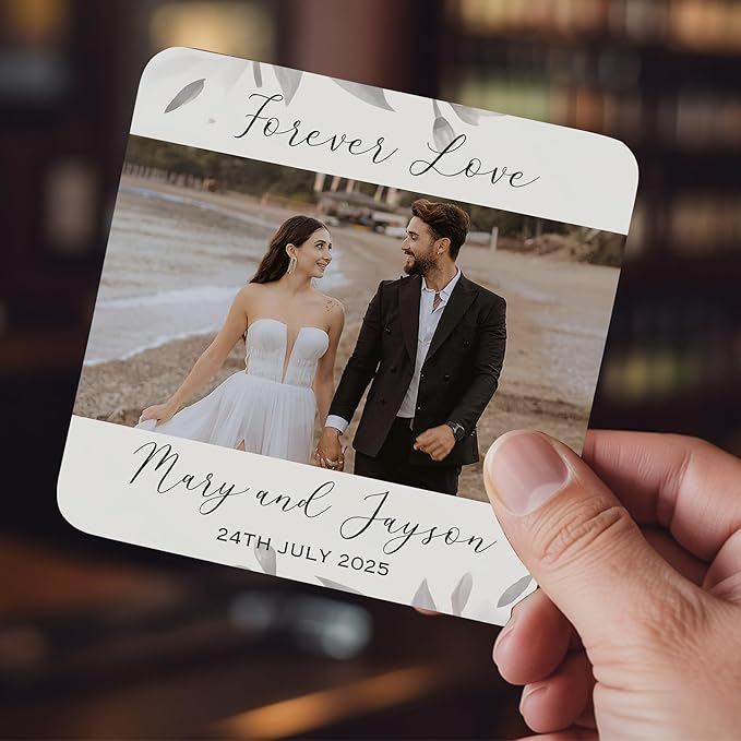 60 Pack Personalized Wedding Coasters, Custom Cardboard Coasters for Drinks with Photo Print and Text, Keepsake Wedding Favors and Gifts for Couples, 4x4 Square, Design 7