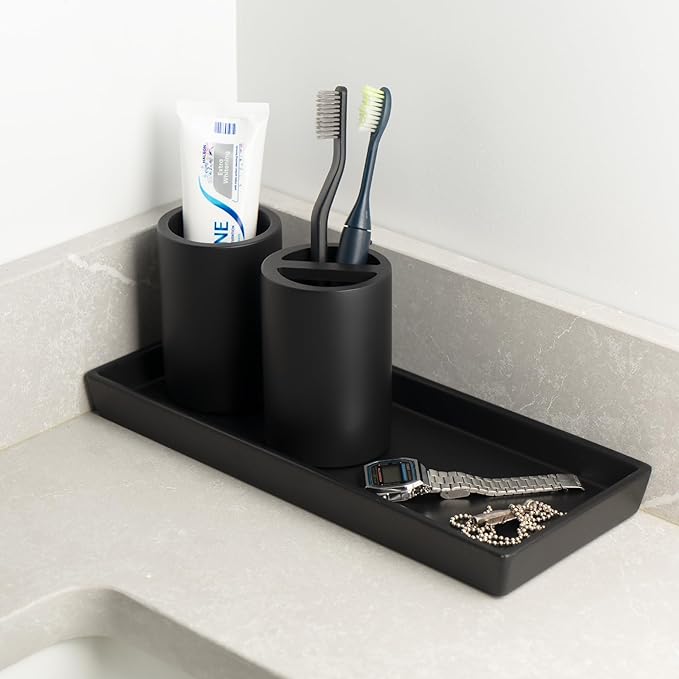 Matte Black Toothbrush Holder for Bathrooms – Modern Resin Countertop Organizer with Slots, Compact Toothbrush and Toothpaste Storage for Vanity, Hotel, Airbnb (Black)