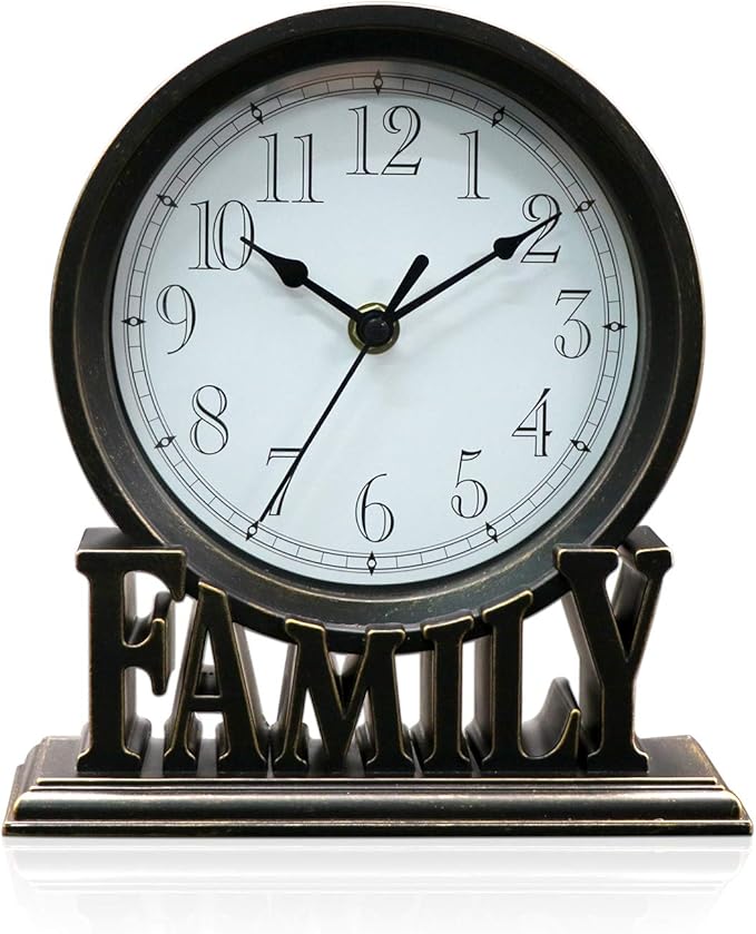 6.5 Inches Table Clock, Vintage Non-Ticking Family Mantel Desk Clock Battery Operated with Quartz Movement HD Glass for Kids Bedroom Living Room Office (Antique Black)