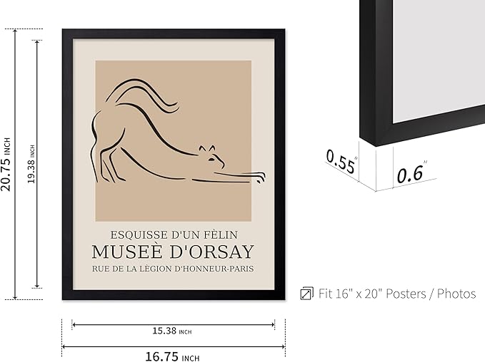 Poster Master Vintage Poster - Retro Minimalist Print - Gift for Artist, Housewarming - Cat, Line Drawing, Sketch, Abstract - Wall Decor for Living Room, Bedroom, 16x20 Black Framed