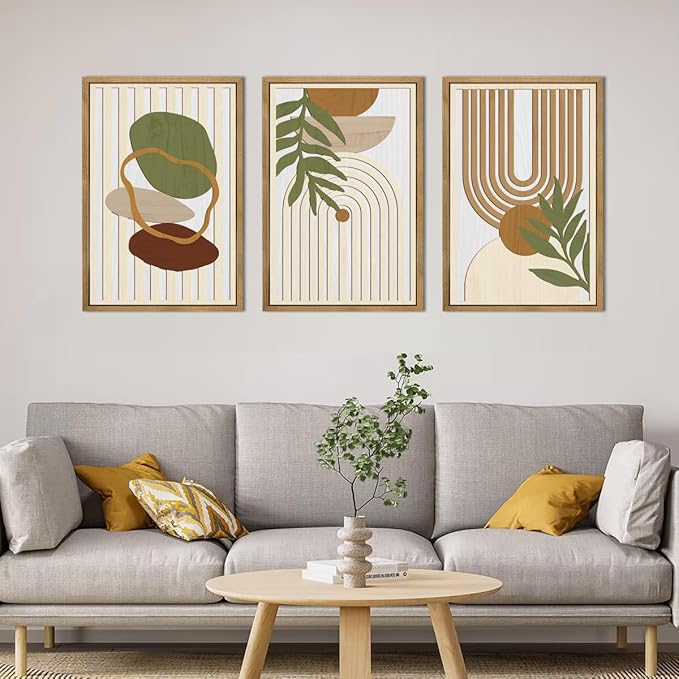 Large Sage Green Boho Wall Art Set Abstract Modern Geometric Wood Wall Decor Mid Century Neutral Artwork Bohemian Art Decor for Living Room Bedroom Office-16x24Inch x3