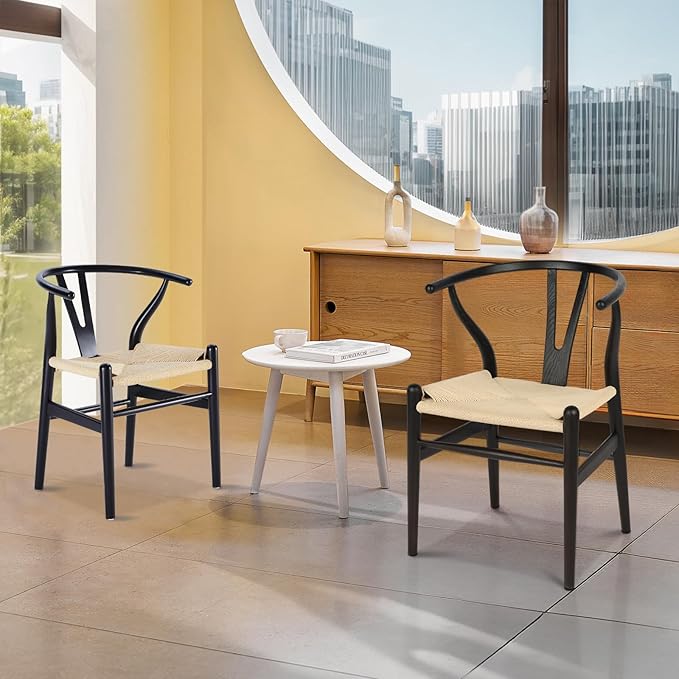 Wishbone Chair Natural Solid Wood Dining Chair/Hans Wegner Y Chair Rattan and Wood Accent Armrest Chairs Set of 2 (Ash Wood - Black + Natural Cord)