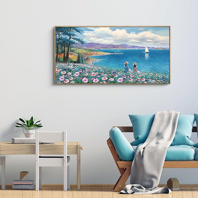 XLSJERST Landscape Wall Art - Blue Ocean Pink Flower Sailboat Mountain Tree Decor Orange Frame Artwork for Wall Large Picture for Living Room Bedroom Home Office Wall Decoration Size 20x40