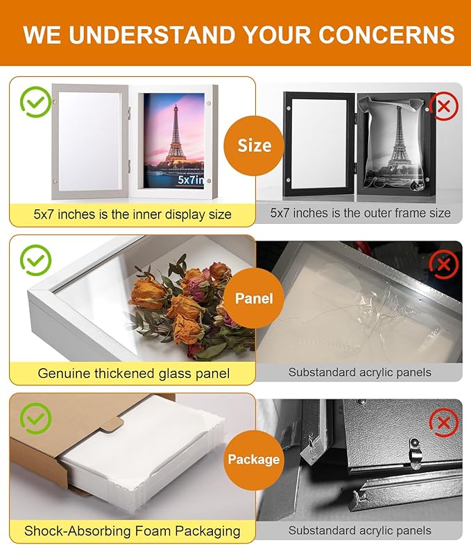 5x7 Deep Shadow Box Picture Frame Display Case with Linen Back and Stand,Real Glass Small Mini White Shadow Memory Box Frame 5x5 for Insect Display Pet Photo Memorial Flower Art Craft Gift