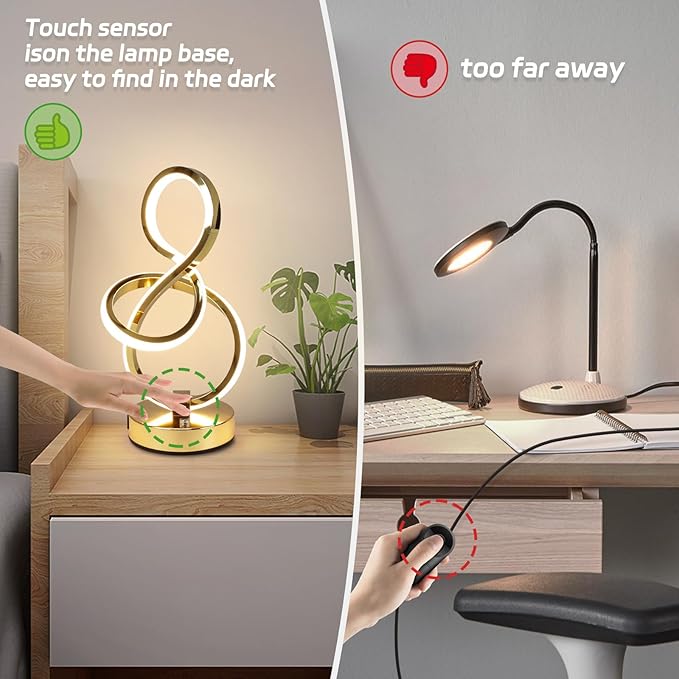 Modern Table Lamp, LED Bedside lamp with USB C+A ports, Touch Stepless Dimmable Nightstand lamp, Unique Spiral Table lamp for Bedroom Living Room Home Office, Spiral lamp for Ideal Gift, Gold