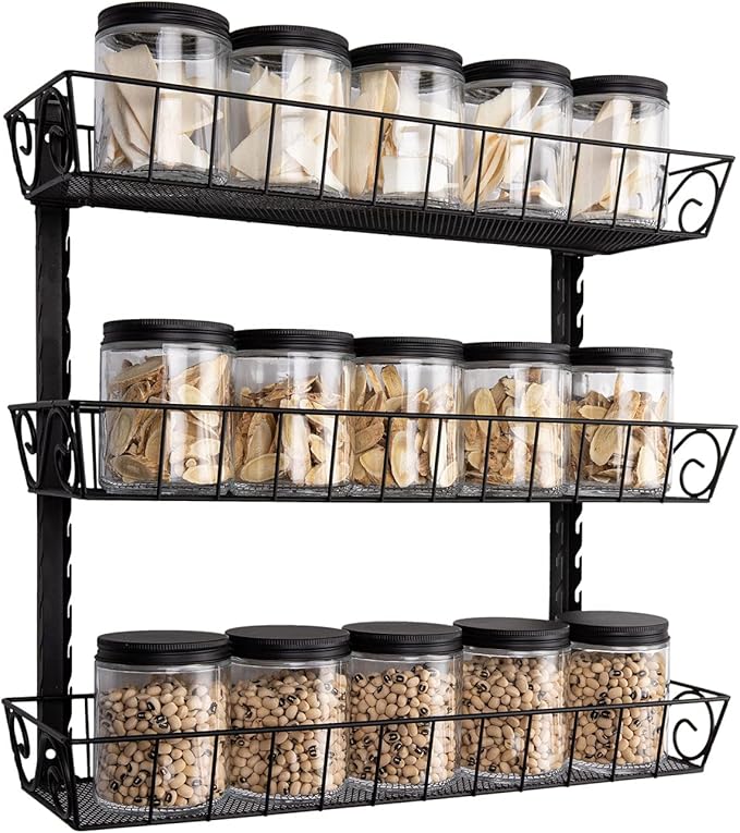 SWOMMOLY Adjustable Wall Mount Spice Rack, 3-Tier Dual-use (Multi-use) Organizer, Black