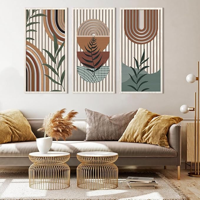 IARTTOP Large Abstract Geometric Wood Boho Wall Art Boho Wall Decor Set Mid Century Modern Wooden Wall Decor Bohemian Wall Art For Bedroom Living Room Office 16"x32"
