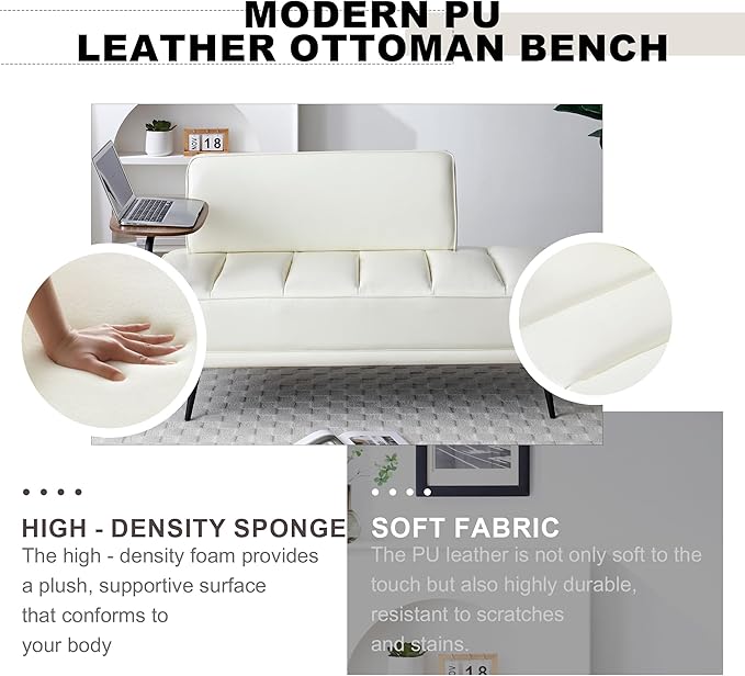 Sofa,Bed Bench,Small Spaces Furniture,Polyurethane Leather,Wood Frame,High Density Sponge Infillings,360-Degree Swivel Tray,Black Metal Leg (Beige)