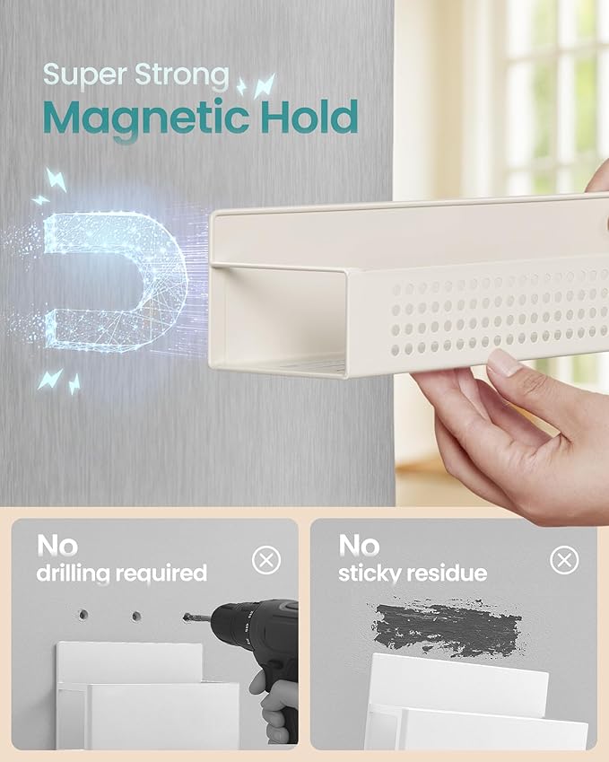 SONGMICS Magnetic Spice Rack for Refrigerator, Set of 4, 2 Large and 2 Small Kichen Magnetic Shelves for Microwave, Washing Machine, Spice Organizers, No Drilling Needed, Cream White UKCS061W01