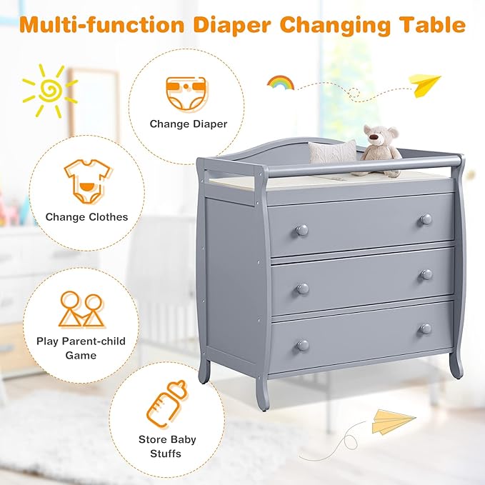 Costzon 3-Drawer Changing Table, Infant Diaper Changing Station with Drawers, Safety Rails & Strap, Baby Changing Table Dresser for Nursery, Easy Assembly (Gray)