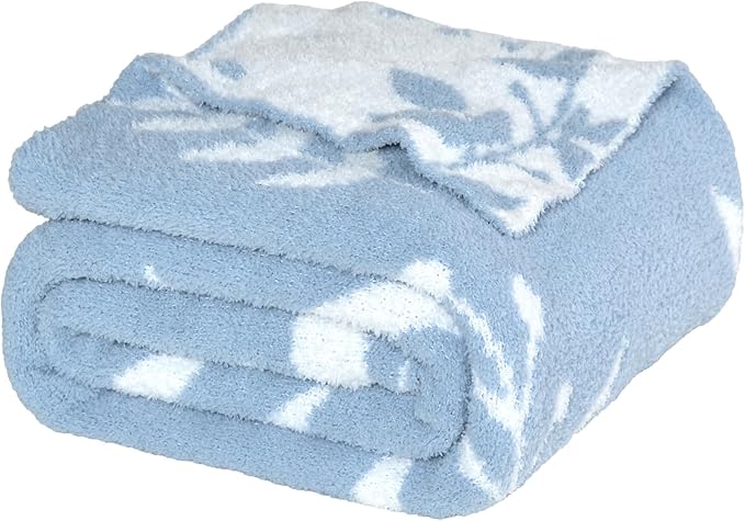 Leaf Pattern Throw Blanket Soft Cozy Spring Blanket for Bed, Couch, Sofa Lightweight Breathable Stylish Seasonal Home Decor Blanket Dusty Blue 50x60 Inches