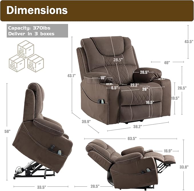 Power Lift Recliner Chair for Elderly with Massage and Heating, Ergonomic Electric Recliner Chair Single Sofa for Adults with Remote Control USB Port, Cup Holders, Side Pockets