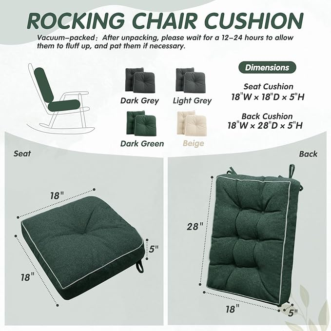 YZ HOME Rocking Chair Cushion, Set of Thicken Seat & Back Chair Cushions with Memory Foam, Non-Slip Chair Pad with Ties for for Indoor&Outdoor Rocker, Dark Green, 28 * 18 * 5/18x18x5