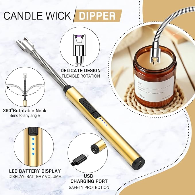 6 in 1 Candle Accessory Set,Candle Wick Trimmer Cutter,Candle Wick Dipper,Candle Wick Snuffer, Rechargeable Candle Lighter,Storage Tray Plate,Tweezers,Stainless Steel Candle Care Kit Home Gift(Gold)