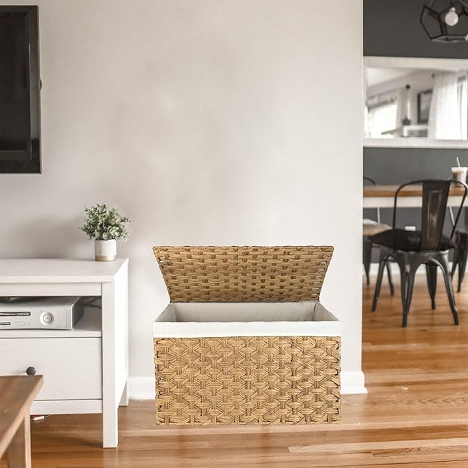 Wicker Storage Basket with Lid, 42.3 Gallon (160L) Large Blanket Basket with Lid, Woven Storage Bin with Handles, Removable Liner, Metal Frame, Foldable, for Bedroom, Laundry Room, Natural
