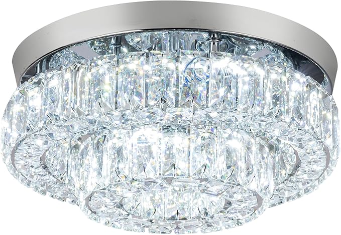 12 Inch Crystal Chandelier LED Ceiling Light 2 Tier Flush Mount Ceiling Light Fixtures Modern Chandelier Lighting for Hallway Bedroom Dining Room Kitchen (Cool White)