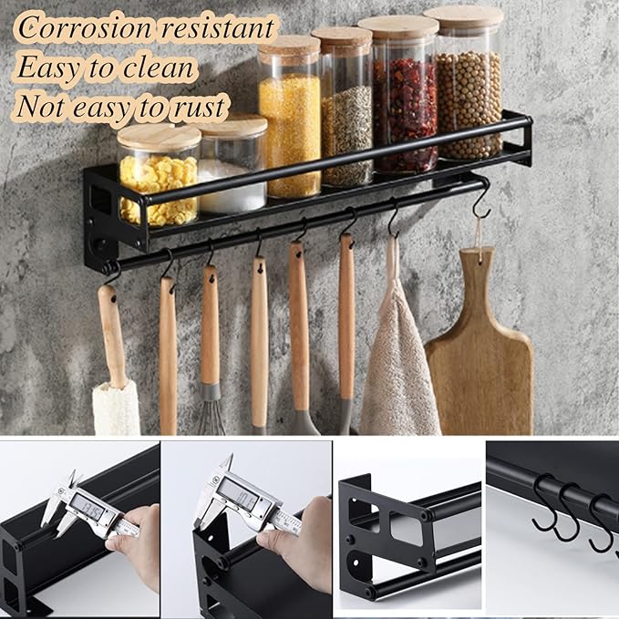 Wall Mount Storage Holder，Stainless Steel Strong Shelf with 6 Removable Hooks, Spice Rack Organizer，Kitchen Organizer Shelf, Space Saving Spice Rack and Kitchen Storage (black)