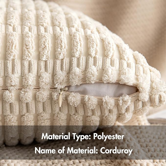 MIULEE Pack of 2 Corduroy Decorative Throw Pillow Covers 18x18 Inch Soft Boho Striped Pillow Covers Modern Farmhouse Home Decor for Sofa Living Room Couch Bed Cream White