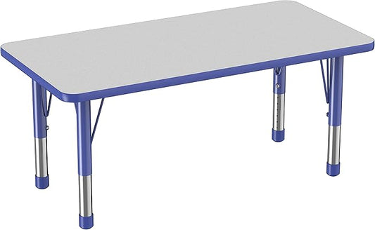 FDP Rectangle Activity School and Kids Classroom Table (24 x 48 inch), Toddler Legs, Adjustable Height 15-24 inches - Gray Top and Blue Edge