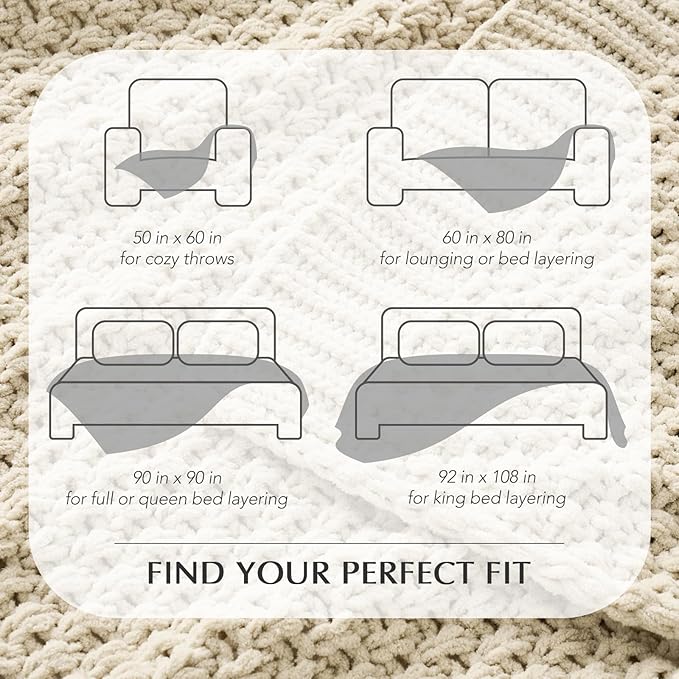 EVERGRACEHOME Chunky Chenille Knit Throw Blanket for Couch, Soft Luxurious Oversized Queen Moss Stitch Blanket for Bed, Large Cozy Farmhouse Knitted Throw for Sofa, Beige, 90" x 90"