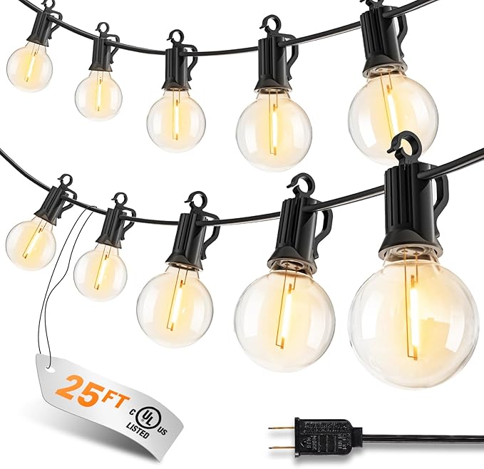 LED Outdoor String Lights, 25FT 12+1 Shatterproof Bulbs Outdoor Patio Lights, IP65 Waterproof Connectable Hanging Outside Light for Backyard, Porch, Deck, Balcony, 2200K