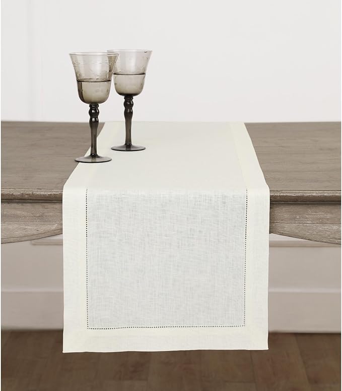 Solino Home Linen Ivory Table Runner 72 Inches Long - 100% Pure Linen Hemstitch Table Runner 14 x 72 Inch for Dresser, Dining, Fall, Autumn, Halloween, Thanksgiving - Classic Hemstitch