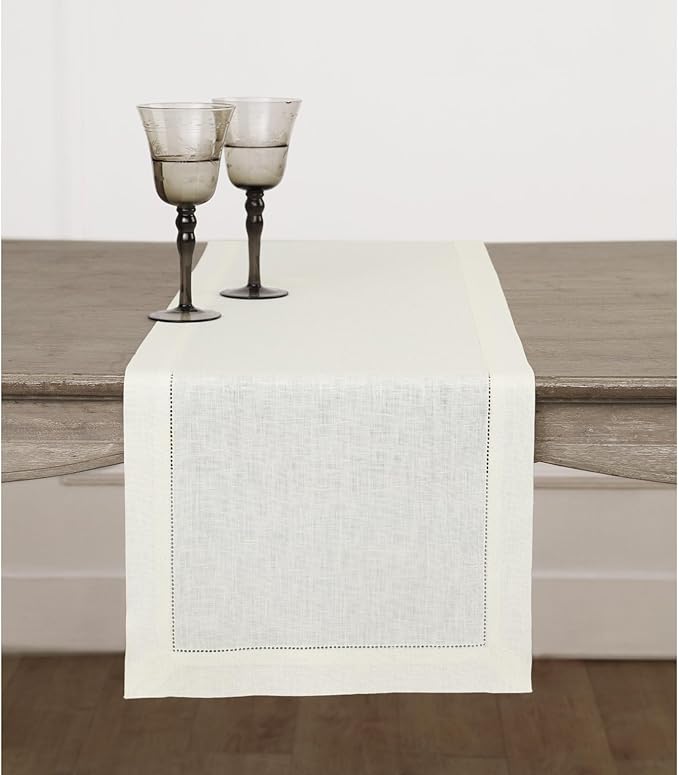Solino Home Linen Ivory Table Runner 36 Inches - Classic Hemstitch, 100% Pure Linen Coffee Table Runner 14 x 36 Inch Ideal for Dresser Tables - Fall, Autumn, Halloween, Thanksgiving