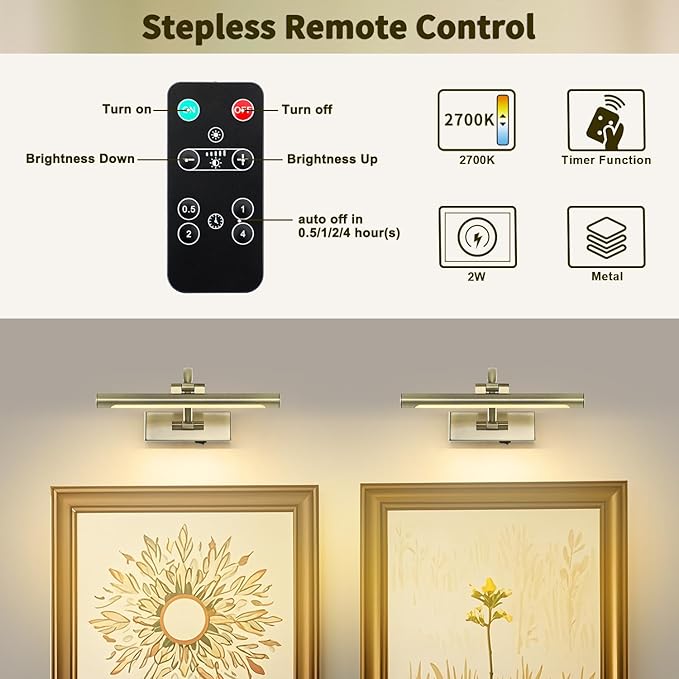Wireless Picture Lights Rechargeable Gallery Lighting Battery Picture Frame Light with Remote and Timer, Adjustable Art Light for Paintings, Portraits, Antique Bronze Finish 12'' Inch 2W 2700K