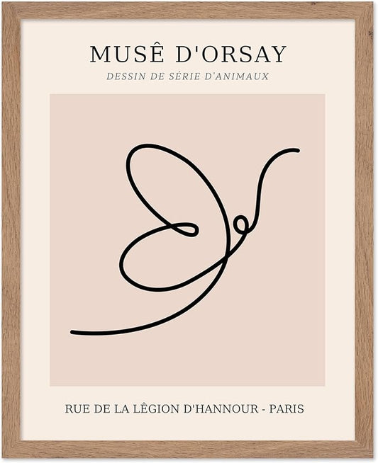 Poster Master Vintage Poster - Retro One Line Butterfly Drawing Print - Butterfly Line Art - Minimal Gift for Him, Her, Animal Lover - Abstract Decor for Home, Office, 16x20 Beige Framed