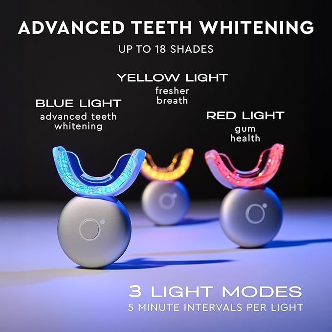 MOON LED Teeth Whitening Kit - Platinum Teeth Whitener Device + 28 Dissolving White Strips - Yellow, Blue, + Red Light Therapy Whitening Tray for Gum Health and Fresh Breath (4 Piece Kit)