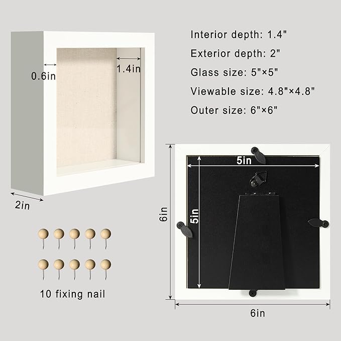 5x5 Small Shadow Box Picture Frame Display Case with Soft Linen Back, White Wooden Memory Shadow Box Frame with Tempered Glass Cover for Wall or Tabletop Display