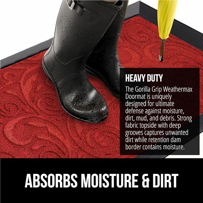 GORILLA GRIP 100% Waterproof All-Season WeatherMax Doormat 35x23, US Designed Natural Rubber, Stain and Fade Resistant, Low Profile Indoor Outdoor Door Mats, Easy Clean Patio Mat, Red Vintage Wine