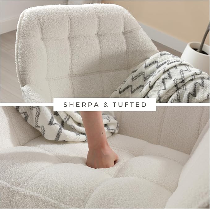 Modern Sherpa Accent Chair with Ottoman, Fluffy Upholstered Lounge Chair with Footrest, Comfy Living Room Side Boucle Armchair for Small Space Bedroom Apartment, White