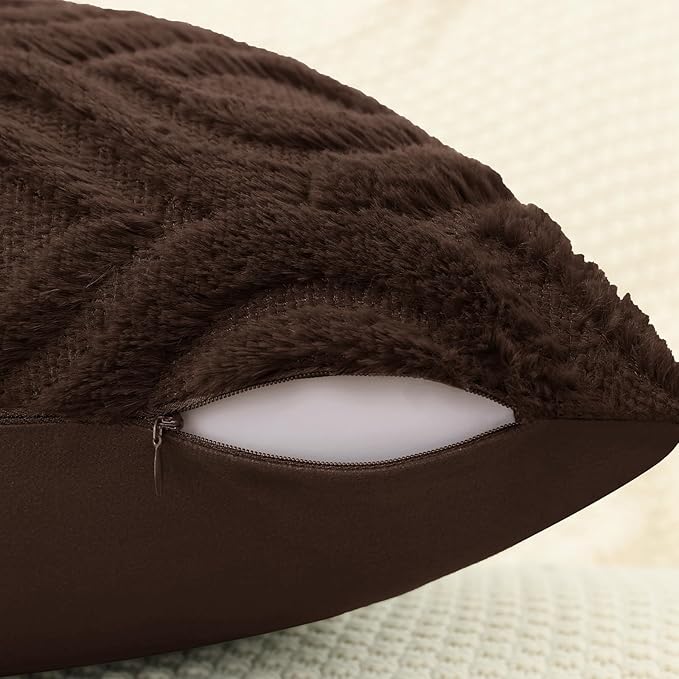 decorUhome Throw Pillow Covers 22x22 Inch Set of 2, Soft Plush Decorative Faux Fur Dark Brown Solid Couch Pillow Covers, Accent Farmhouse Neutral Square Euro Pillow Cases for Sofa Bed Living Room