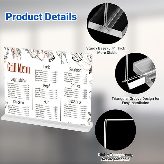 6 Pack Acrylic Sign Holder 11 x 8.5 Horizontal, Double-Sided Clear Sign Holder Plastic Stands for Display, T Shape Acrylic Table Sign Stands for Office Store Restaurants Wedding Party Decoration