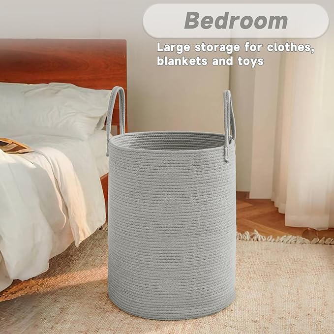 Large Woven Laundry Basket Hamper,60L Cotton Rope Storage Bin for Blankets,Toys and Clothes,Decorative Tall Nursery Hamper for Living Room,Baby Nursery,Bathroom and Bedroom,Grey