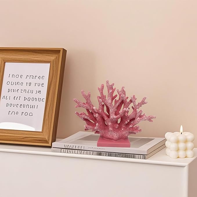 5.8" H Pink Coral Decor - Resin Coral Statue, Nautical Decor for Home, Bedroom, Bathroom, Living Room, Ocean Themed Cabinet Shelf Tabletop Decoration