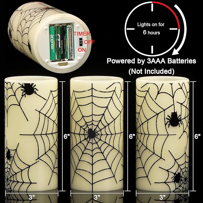 Wondise Halloween Flickering Flameless Candles with Spider Decals, Battery Operated Candles with 6hrs Timer, Real Wax Halloween LED Candles for Horror Spooky Halloween Home Decoration(Set of 3, 3"x6")