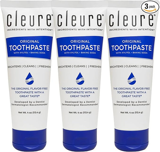 Cleure Original No Fluoride Toothpaste - SLS Free, Mint Free - with Xylitol for Fresh Breath & Helps Whiten - for Kids & Adults - Flavor Free (4oz Tube, Pack of 3)