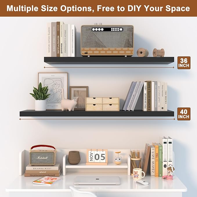 12 Inch Deep Floating Shelves for Wall 2 Pack Floating Shelves Large Storage Space Wall Mount Shelf for Living Room Kitchen Bathroom 30" W x 12" D x 1.2" H Black